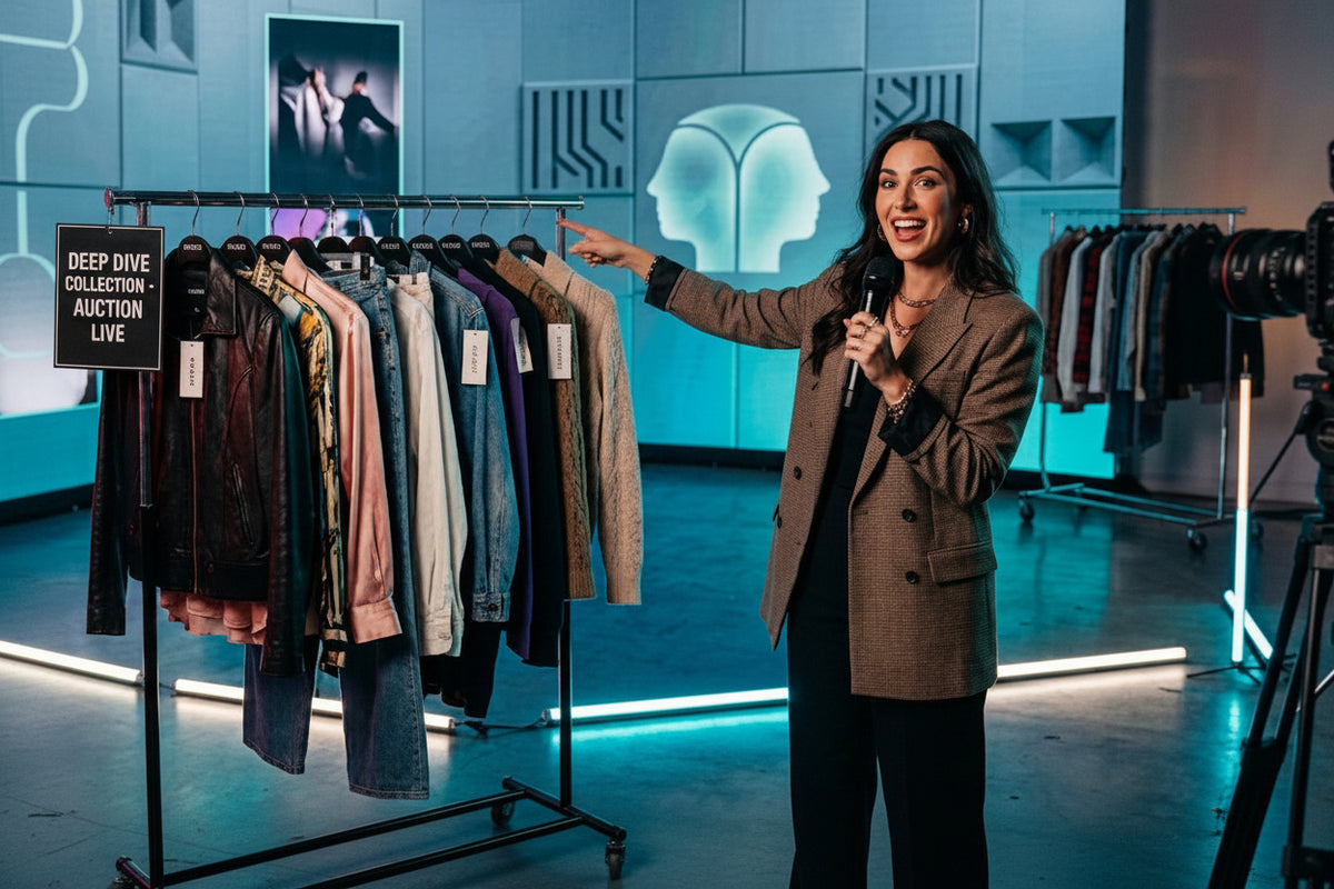 A woman in a brown blazer stands in a studio setting pointing toward a clothing rack filled with garments. Mannequins with jackets are visible on the left, a camera on a tripod is on the right, and a blue-lit display wall with fashion graphics is behind her.